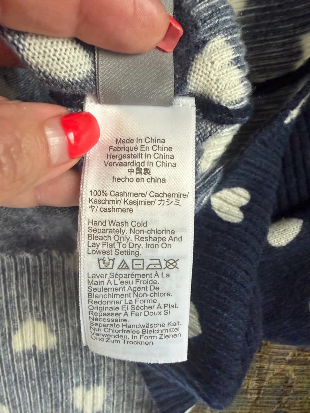 J.Crew 100% Cashmere Heart Print Crewneck Sweater Navy Ivory Large